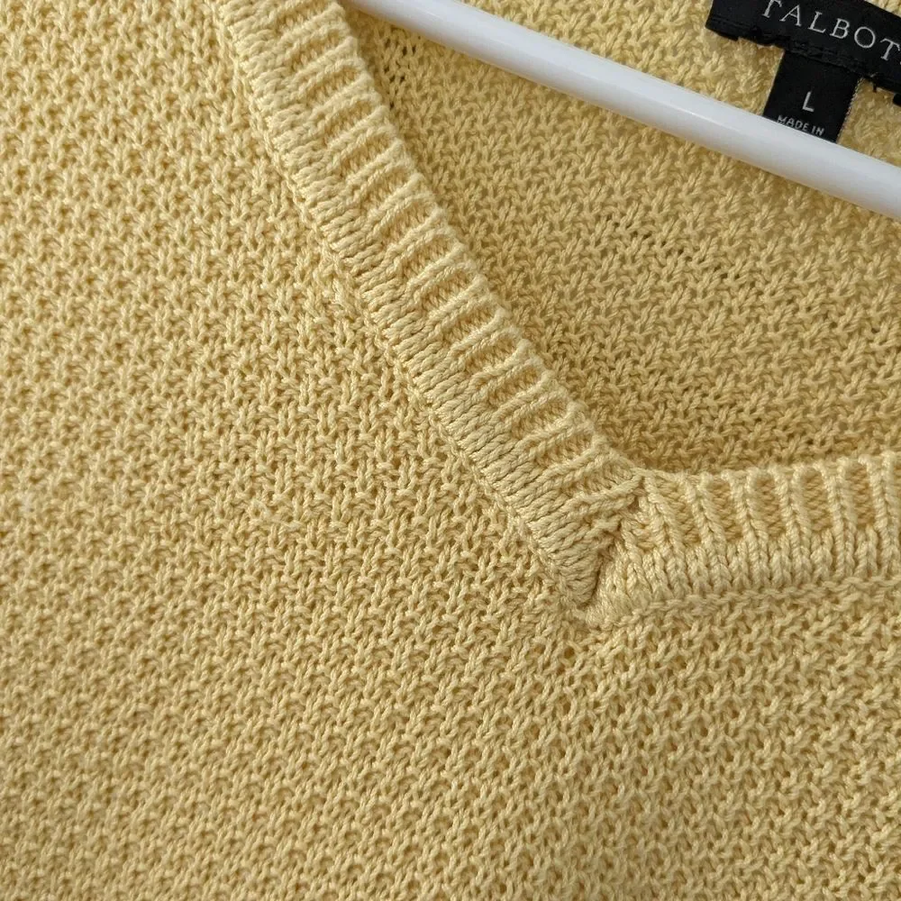 Talbots Sweater Women sz L Buttercup Woven Yellow Cotton 3/4 Sleeves Fringe Edge